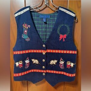 Vintage 80’s-ish Karen Scott Navy Vest with Holiday Embroidered Festive Cats!